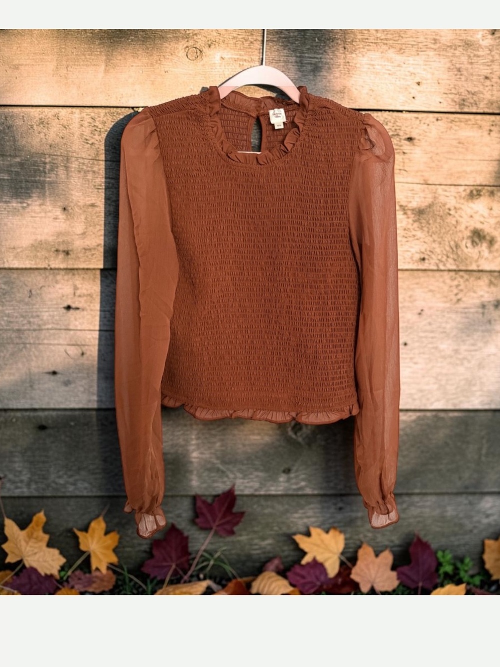 Wilfred Style Autres Filles Rust Smocked Ruffle Neck Long Sleeve Chiffon Blouse